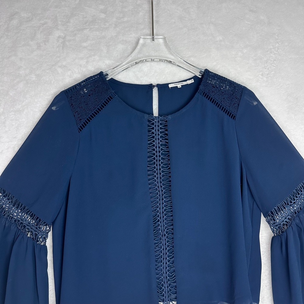 Tularosa Blue Crochet Trim Bell Sleeve Blouse Top Size Small